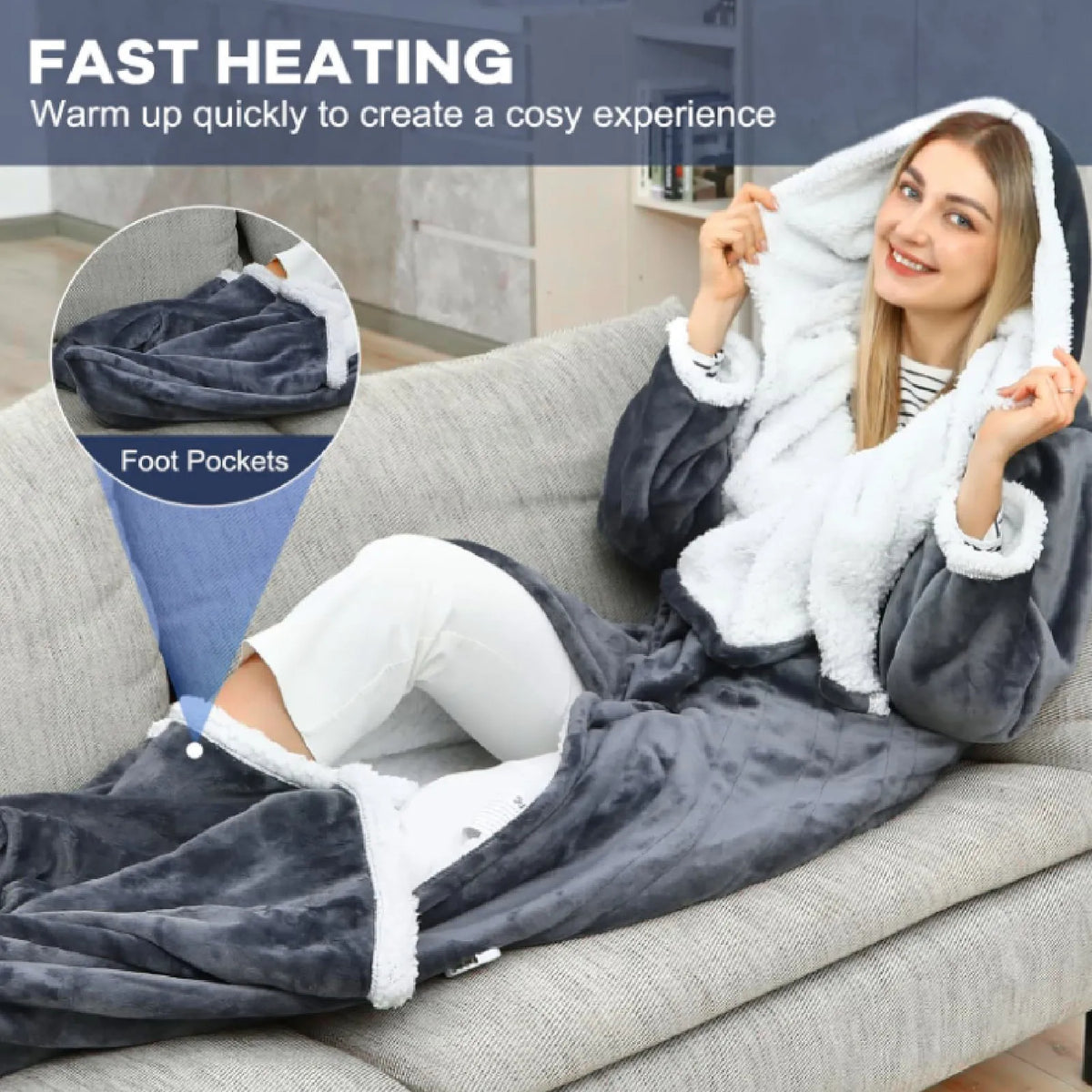 Heated Blanket with Sleeves Hood and Foot Pocket Flannel 10 Heating Levels Electric Wearable Blanket with 3 Time Setting