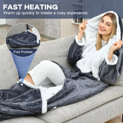 Heated Blanket with Sleeves Hood and Foot Pocket Flannel 10 Heating Levels Electric Wearable Blanket with 3 Time Setting
